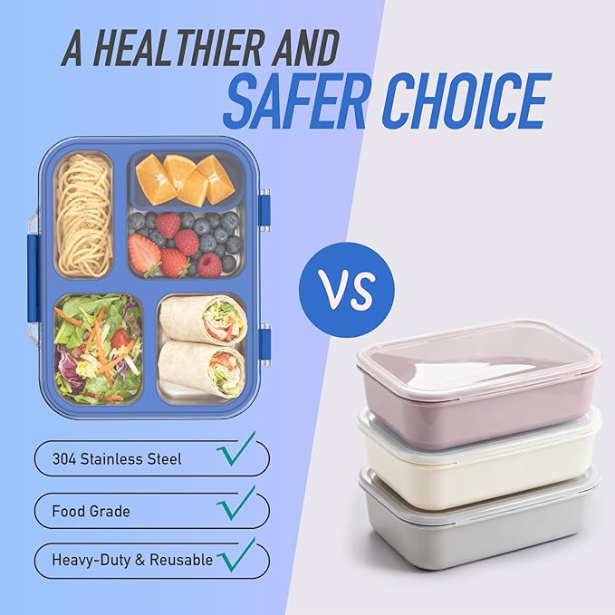 Stainless Steel Bento Box for Kids with Silicone Container, 4 Compartment Metal Lunch Box Kids Adults, Removable Silicone Seal & Clear Lid, Leak Proof Food Storage Container for Meal(Blue)