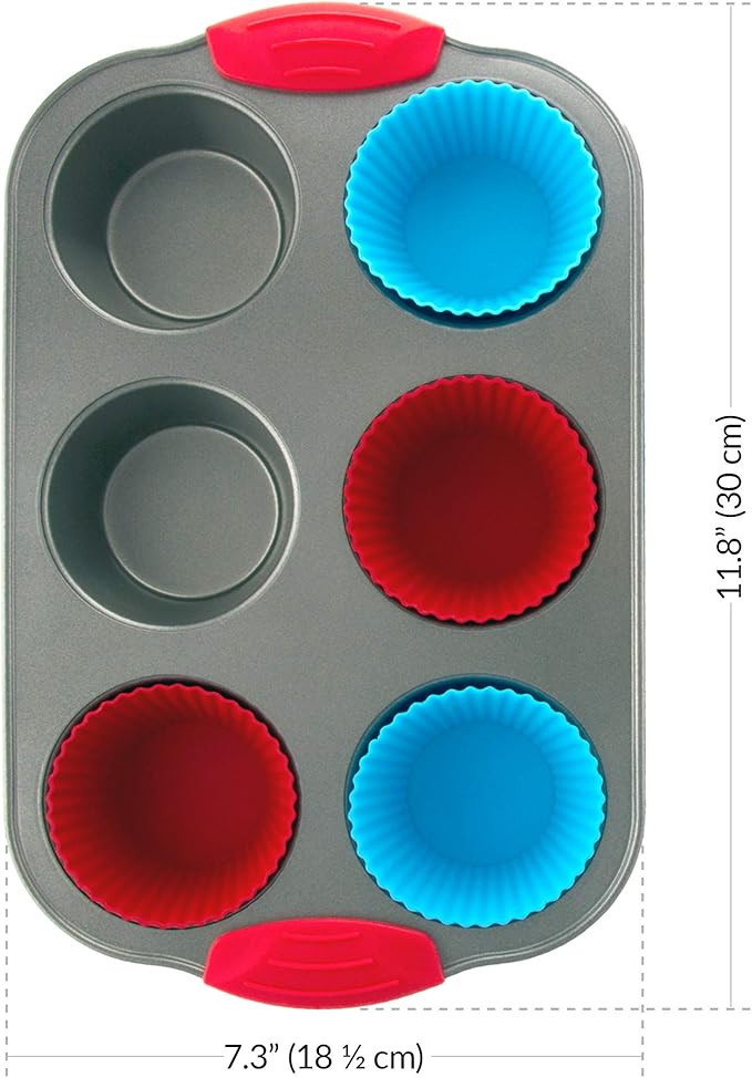 Boxiki Kitchen Baking Non-Stick Steel Jumbo 6 Cup Muffin Pan with Silicone Handles & Reusable Liners and 9x5 Inch Silicone Bread Loaf Pan - Ultimate Set for Muffins, Bread, Cakes, and More.