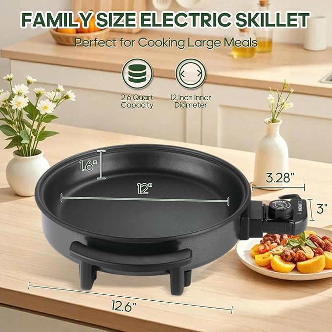 12" Round Electric Skillet with lid, Ceramic Nonstick Coating Electric Frying Pan, 1500W Quick & Even Heating, 5 Adjustable Temperature Control, Tempered Glass Lid & Cool-Touch Handles