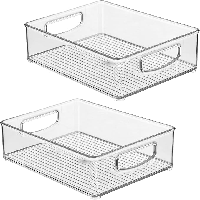 iDesign Plastic Stackable Pantry Bin - Organizer Bin with Handles for Cabinets or Fridge - Set of 2 - Clear