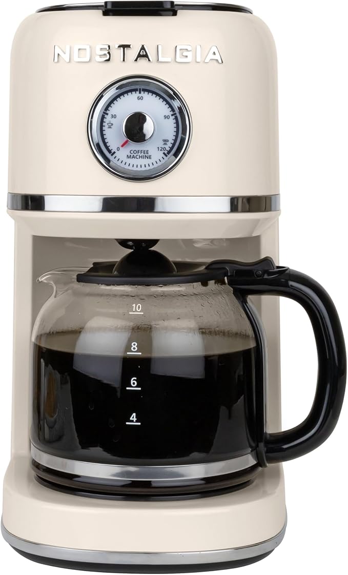 Nostalgia Classic Retro 10 Cup Coffee Maker - One-Touch Drip Brew, Reusable Filter - Anti-Drip, Auto Shutoff, & Time Display - Dishwasher Safe 50 oz Carafe - Cream