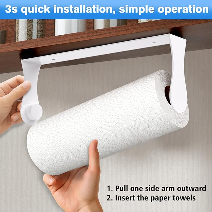 Paper Towel Holder Under Cabinet, White, Adhesive & Wall Mount, Under Counter Paper Towel Rack for Kitchen and Bathroom, Home and Kitchen Decor