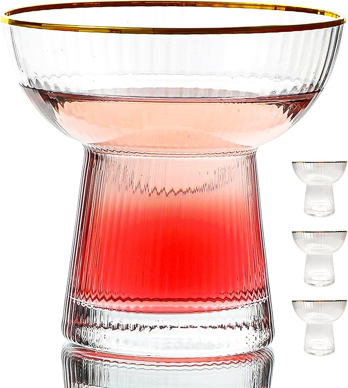 Lysenn Stemless Margarita Glasses Set of 4 - Elegant Vertical Stripes Cocktail Glasses – Premium Hand Blown Glassware for Martini and Mixed Drinks – 10 oz Gold Rim