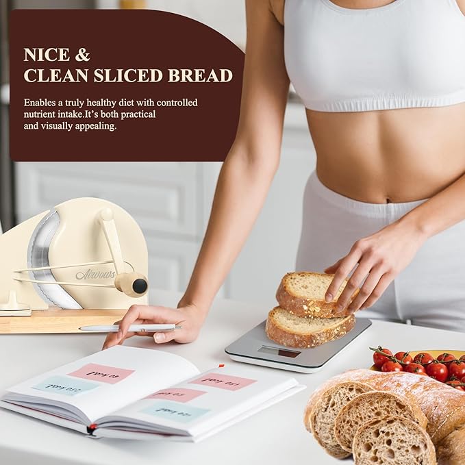 Manual Bread Slicer for Homemade Bread,Even Slicing Thickness-Adjustable Slices,Sourdough Slicer with Scale Lines&SuperStrong SuctionCup Fixation (Cream-Guide)