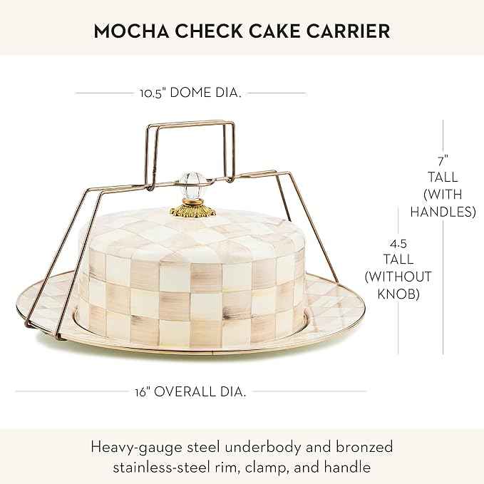 MACKENZIE-CHILDS Enamel Cake Carrier, Cake-Dish Serving Platter with Lid and Handles, Brown-and-White Mocha Check