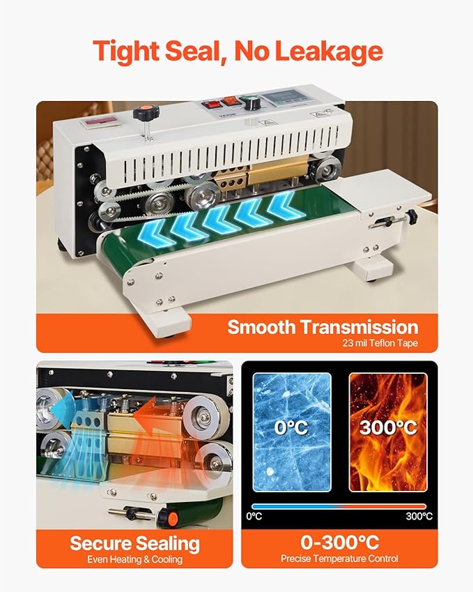 VEVOR Continuous Bag Band Sealing Machine, 0.24-0.47 in/6-12 mm Seal Width, Horizontal Band Sealer Machine with Digital Temperature Control, Bag Sealer for 0.02-0.8 mm Plastic Bags with Count Function