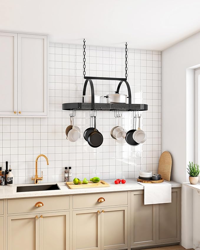 CHOEZON Hanging Pot Rack, Pot Hanger for Kitchen, Ceiling Mounted Pot Holder, Cookware Organizer with 12 S-Shaped Hooks, for Pot, Pan Storage, Space-Saving, Charcoal Black and Black TPR08BCC1