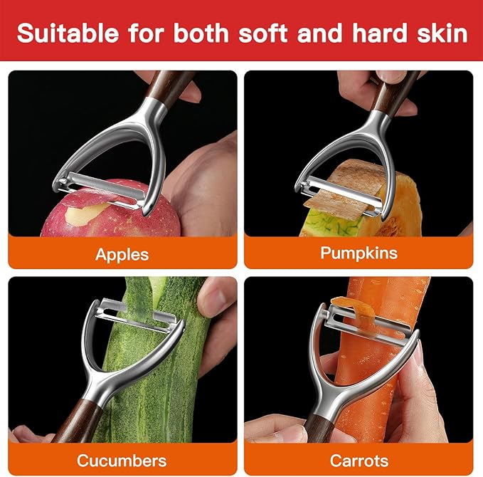 JUSEEPO Premium Vegetable Peeler, Y Type Swivel 304 Stainless Steel Blade Comfortable Solid Wood Handle, Practical gift for the home kitchen mom grandma for Veggie, Fruit, Potato(Charred Wood)