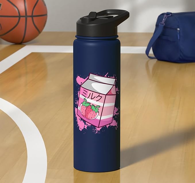Kawaii Japanese Pink Retro 90s Strawberry Milk Carton Stainless Steel Insulated Water Bottle