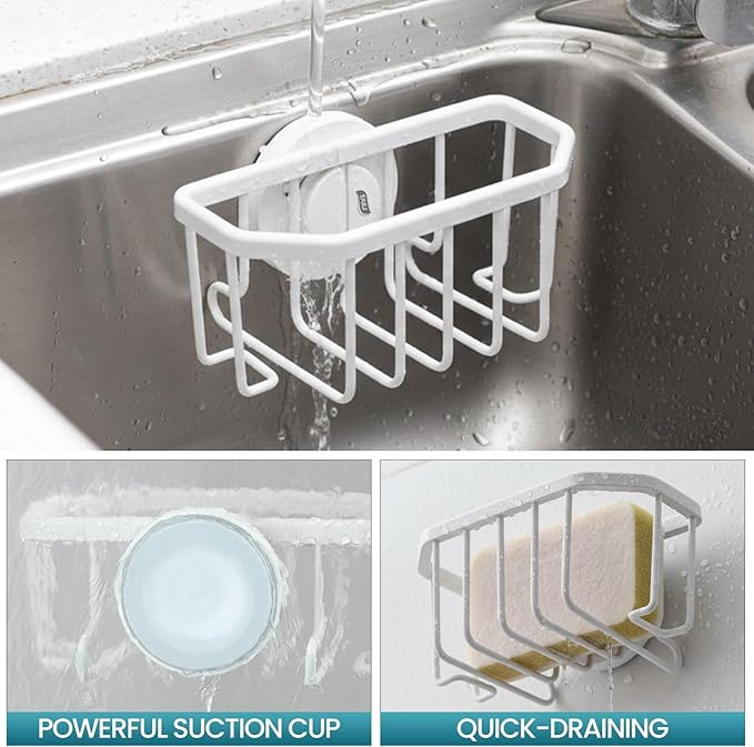 TAILI Sponge Holder for Kitchen Sink with Strong Suction Cup, Rustproof Aluminum Sink Caddy for Sponges, Brushes, Stoppers & Scrapers, White