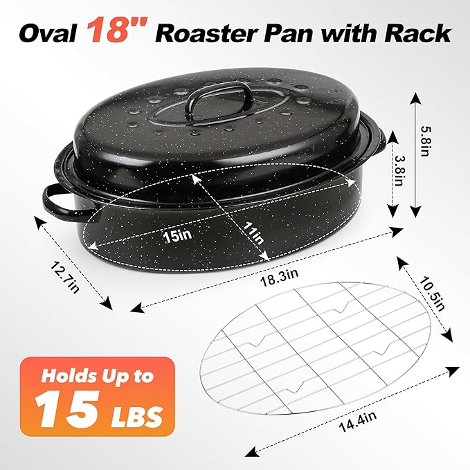 18” Roaster Pan with Lid and Rack, Large Enamel Roaster Pan with Oval Roasting Rack, Granite Baking Pot for Chicken Turkey Lamb, Heat Resistant, Oven/Dishwasher/All Stovestops Compatible
