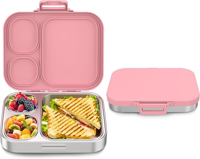 Howeemo Stainless Steel Bento Box Kids, Leak Proof Metal Bento Lunch Box,3 Compartments 304 Stainless Steel Bento Lunch Containers for School and Office, BPA-Free(Pink)