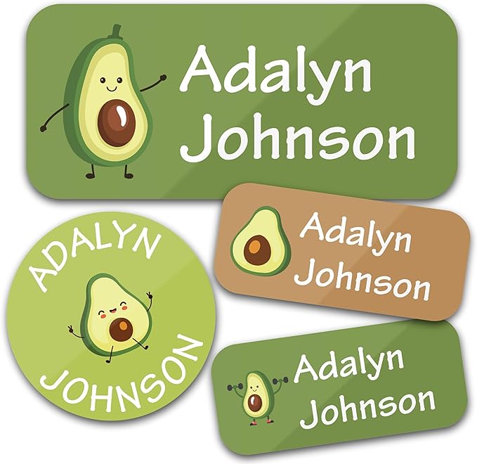 Personalized Daycare Name Labels for Kids (130 Labels) - Custom Waterproof Name Stickers for Clothing Tags, Water Bottles, Lunch Boxes and School Supplies (Avocados)