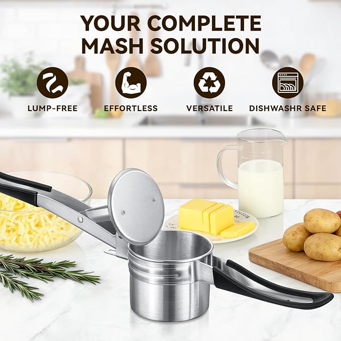 Potato Ricer, AMOHEE 15oz Stainless Steel Potato Masher Upgrade Heavy Duty Design with Anti-Slip Handle Ricer for Mashed Potatoes, Carrots, Yams, Black