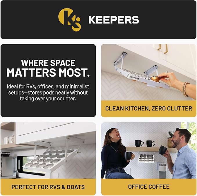 KEEPERS Nespresso® Vertuo® Pod Holder|Under Cabinet Swing Down Coffee Pod Organizer|Keurig® Coffee Pod Holder|K Cup Holder Storage Organizer|Magnet Steel RV Office Small Kitchen 10 x 9in WHITE