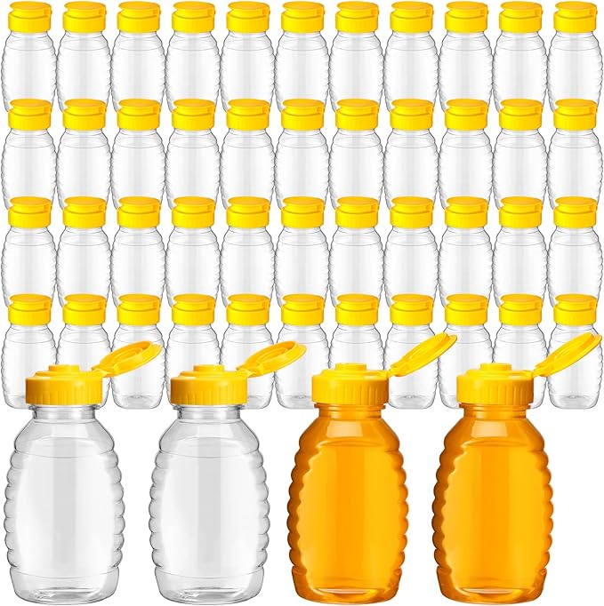 Hoolerry 48 Pack 8 oz Clear Plastic Honey Bottles Refillable Squeeze Honey Container Empty Honey Jars Honey Dispenser with Flip Top Lid Plastic Squeeze Bottles for Sauces Syrup Storing and Dispensing