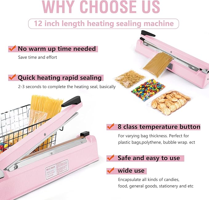 METRONIC Impulse Sealer 16 inch, Manual Heat Sealer Machine for Plastic Bags, Shrink Wrap Bag Sealers Heavy Duty Sealing Machine with Repair Kit (Pink)