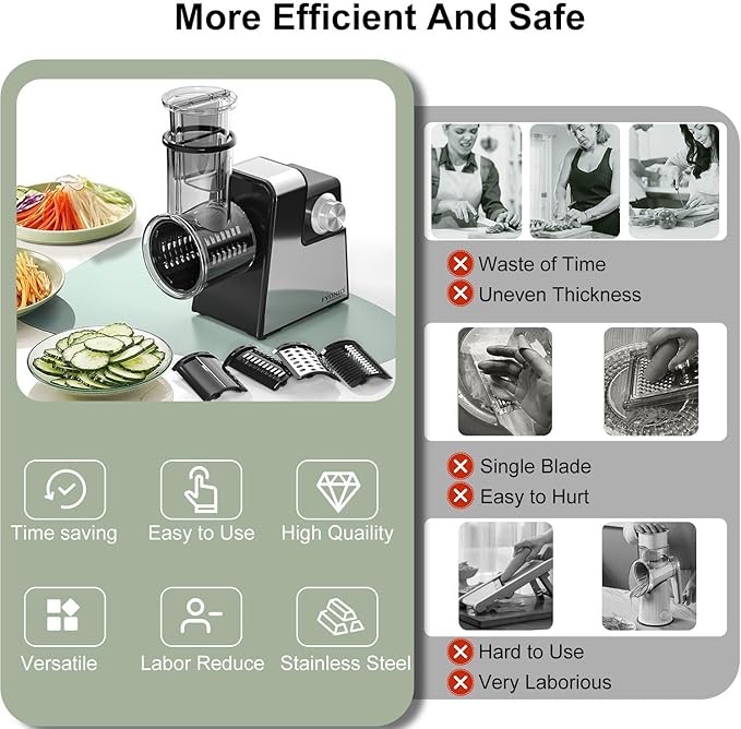 Electric Cheese Grater, 5 in 1 Salad Maker with Stainless Steel Blades, 250W Electric Food Slicer & Shredder, Electric Salad Machine for Cheeses, Fruits, Potatoes, Carrots