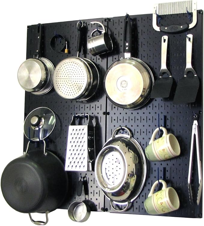 Wall Control Kitchen Pegboard Organizer Pots and Pans Pegboard Pack Storage and Organization Kit with Black Wall Board and Blue Accessories