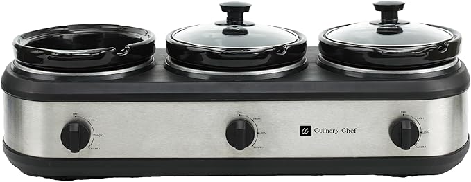 CULINARY CHEF, Triple Slow Cooker, Buffet Server 3 Pot, Food Warmer - Stainless