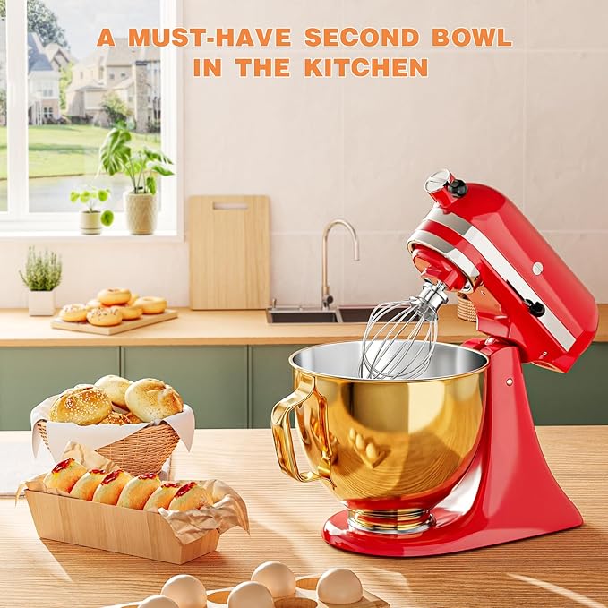 5 QT Food-Grade Stainless Steel Mixer Bowl Compatible With KITCHENAID TILT-HEAD STAND MIXERS 4.5-5 Quart, with Anti-slip handle & Prominent Clasp, Stainless Steel Polished, Gold