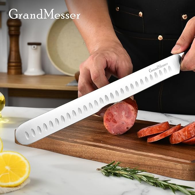 Slicing Carving Knife, 12" Brisket Knife, Ergonomic Handle Design, for Cutting BBQ Turkey Ham Rib Roast Beef with Sharpener.