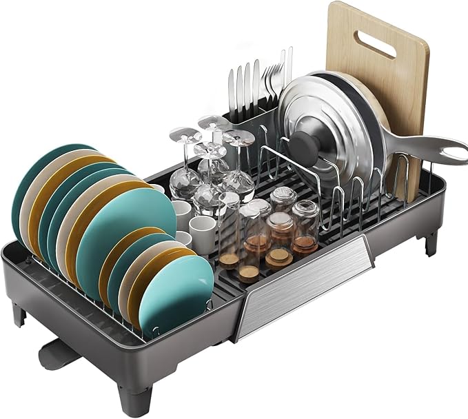 Large Expandable Dish Drying Rack, Dish Racks for Kitchen Counter, Space Saving & Rust Resistant Dish Drainer with Removable Drainboard & Utensil Holder, Adjustable Length 16.4 to 24.4 Inches