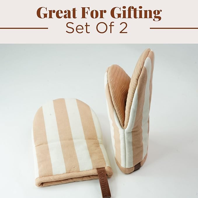 Folkulture Oven Mitts - Set of 2 (5.75x9) | Oven Mitts with Hanging Loop for Cooking Gifts for Women, Kitchen Decor| 100% Cotton, Silicone Heat Resistant Mini Mitts for Mom (Latte)