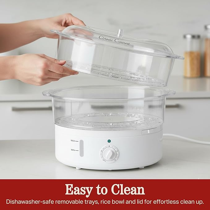 Vegetable Steamer Rice Cooker- 6.3 Quart Electric Steam Appliance with Timer for Healthy Fish, Eggs, Vegetables, Rice, Baby Food by Classic Cuisine, 11"D x 11"W x 12.25"H