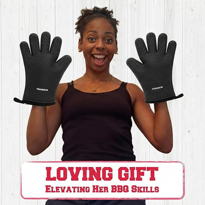 KITCHEN PERFECTION S Silicone Smoker Oven Gloves for Women -Extreme Heat Resistant BBQ Gloves -Handle Hot Food Right on Your Grill Fryer |Waterproof Oven Mitts for Cooking |Superior Set+3 Bonuses
