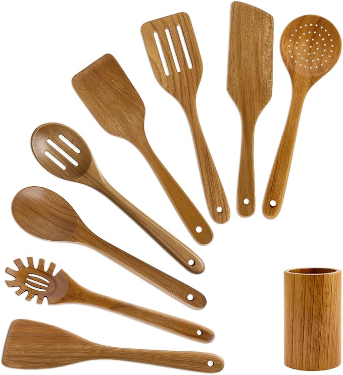9 Pack Best Wooden Spoons Non Toxic Cooking Utensil Set with Utensils Holder Kitchen Slotted Turner Spatula Set Acacia Wood Utensils for Cooking Spoon Scraper Spurtle Bamboo Flat Egg Flipper Spatulas