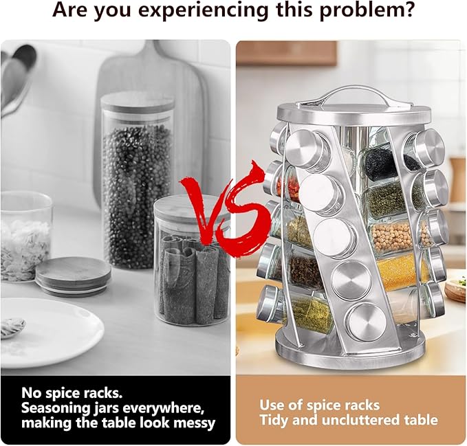 Portable Stainless Steel Spice Rack with 8 Spice Jars Included Revolving Spice Organizer for Kitchen Tower Storage Rack for Spices and Seasoning Silver