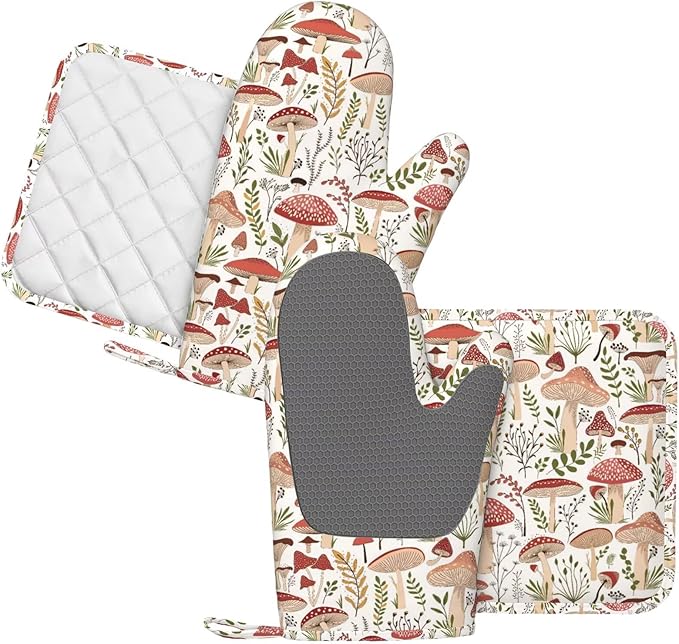Mushroom Leaves Boho Plants Oven Mitts and Pot Holders Sets Silicone Mushrooms Kitchen Oven Mitts Hot Pads Heat Resistant Vintage Mushrooms Potholders Kitchen Mitts Set for Baking Cooking