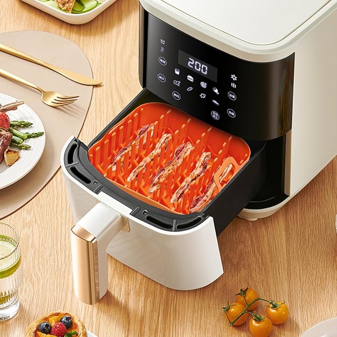 Silicone Air Fryer, 7.1-Inch Square Bacon Baking Pans, 4-5QT Reusable Basket Inserts Ninja Fryer Cooker for Microwave Oven Basket Tray Accessories, Non-Stick