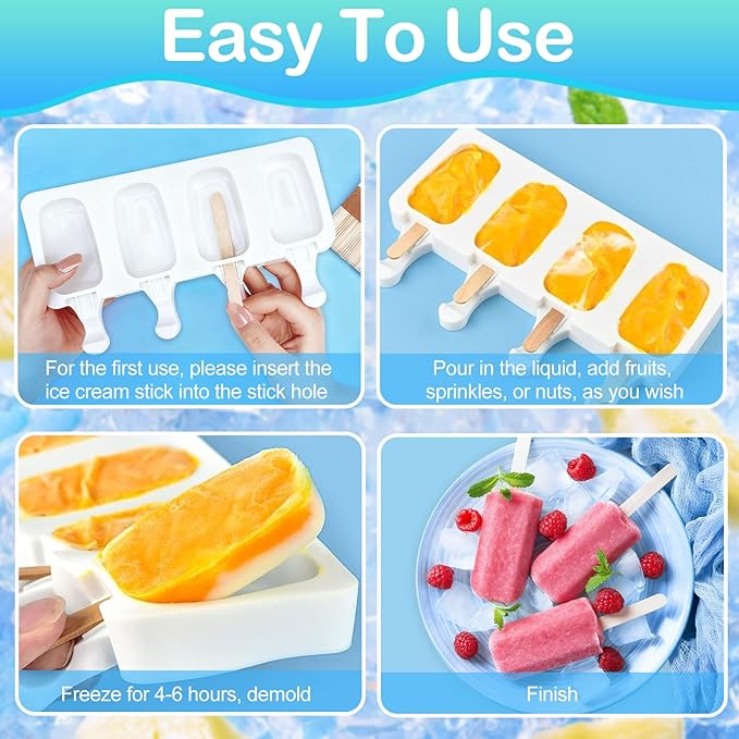 Mototo 12 Set Silicone Popsicle Molds White Ice Cream Mould 4 Cavity Ice Lolly Mold White Oval Cake Pop Mold with 300 Pieces Wooden Sticks for DIY Ice Cream Popsicle Cake