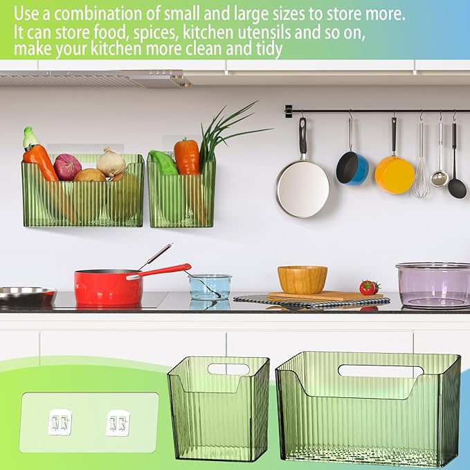 8 Pcs Storage Organizer Bins Wall Mounted Organizer Basket Plastic Cabinet Door Bins Stackable Hanging Baskets for Organizing for Wall Refrigerator Kitchen Bathroom Pantry(3.94'',Green)