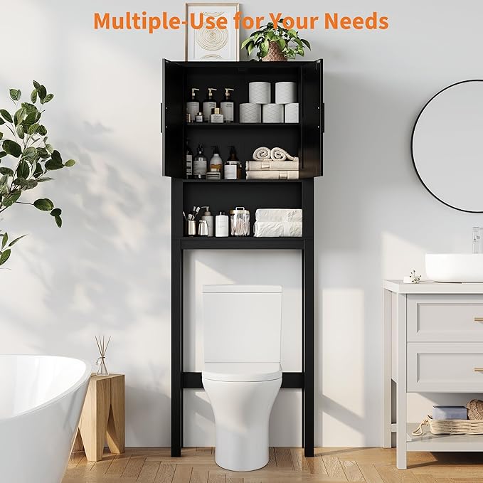 IDEALHOUSE 23.6 Inches Wide Toilet Rack with Over The Toilet Storage Cabinet, Bathroom Shelf Organizer with Anti-Tip Device, Small Freestanding Space Saver with Adjustable Shelf (Black 23.6" W)
