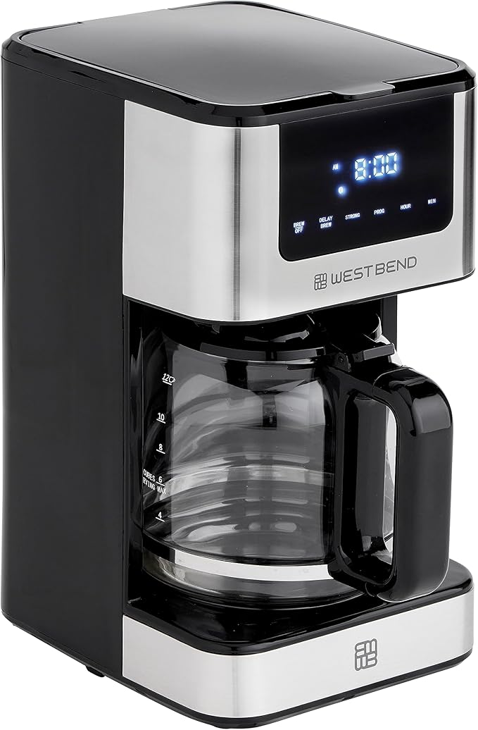 West Bend Drip Coffee Maker Brews Hot or Iced, Programmable with Brew Strength Selector Auto Shut-Off and 6 Functions Permanent Mesh Filter and Glass Carafe, 12-Cup, Metallic