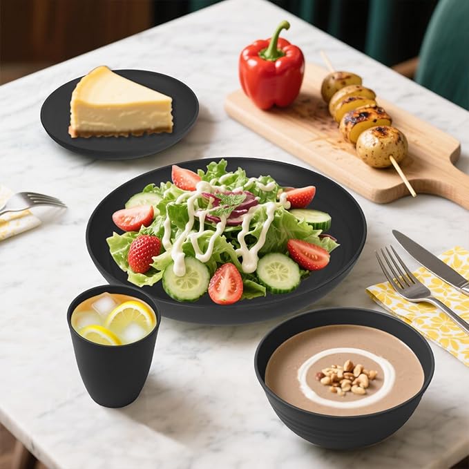 Wheat Straw Dinnerware Sets for 8, 32 PCS Unbreakable Plates and Bowls Sets, Reusable Dinnerware Set for Kitchen Outdoor and Apartment Dinning Essentials - Black