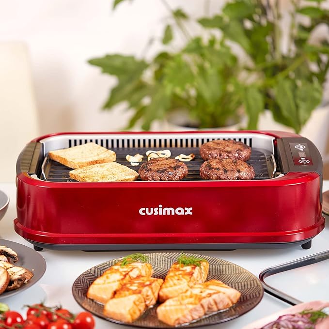 Indoor Grill, CUSIMAX Smokeless Grill Indoor, Electric Griddle, 1500W Korean BBQ Grill with LED Smart Display & Tempered Glass Lid, Non-stick Removable Plate & Griddle Plate, Red
