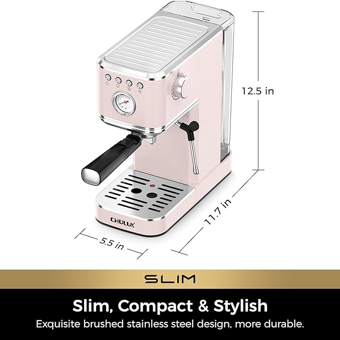 CHULUX Slim Espresso Machine with Milk Frother, 20 Bar Professional Italian Pump Espresso Coffee Machine for Home Cappuccino & Latte Maker, Stainless Steel, Pink