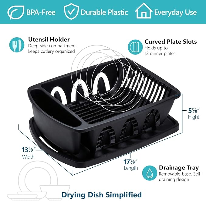 Tribello Sink Dish Drying Rack, Heavy Duty Hard Plastic Drying Rack, Dish Drainer for Kitchen Counter with Drainboard Set, with Silverware Holder - 18 x 13 x 6 (Black) - Made in USA
