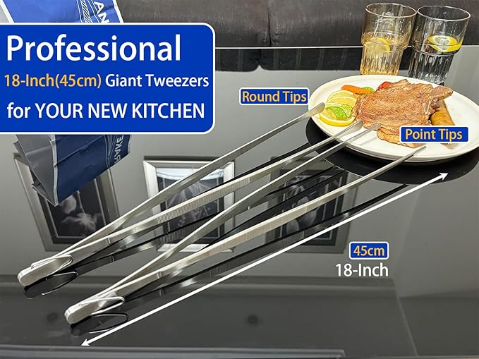 JETKONG 18 Inch (45cm) Extra Long Barbecue Tongs, Heavy Duty Giant Tweezer Tongs for Grilling and BBQ, Set of 2 (Round Tips)