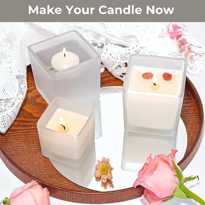 CONNOO 12 Pack 9oz, 3oz Frosted Square Candle Jars for Making Candles, Thick Glass Bulk Empty Candle Containers with Airtight Bamboo Lids for Candle Making, Sticky Warning Labels - Dishwasher Safe