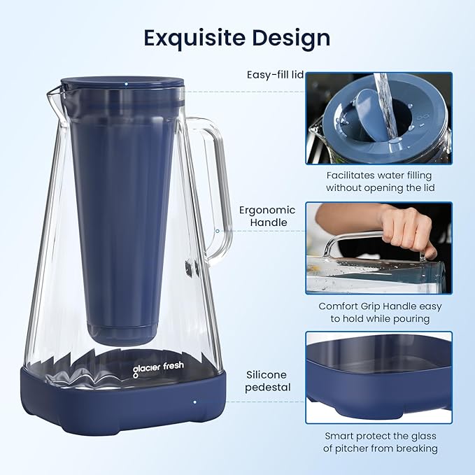GLACIER FRESH 10 Cup Purela Glass Water Pitcher with 1 Ultrafiltration Membrane and Activated Carbon Filter, Reduces 99% Chlorine, PFOA&PFOS, Coliforms, Blue