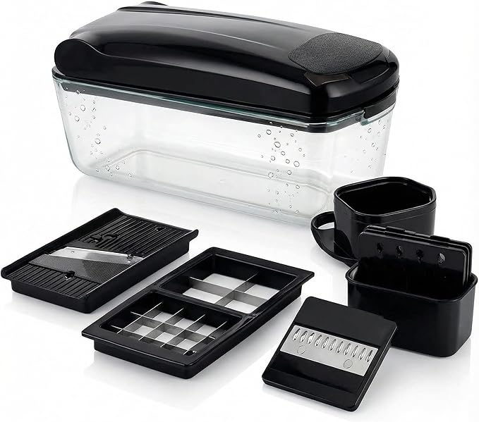 Le'raze 13-in-1 Vegetable Chopper Pro with Glass Container, Stainless Steel Blades, BPA-Free, Mandoline Slicer, Manual