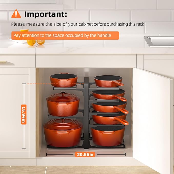 MUDEELA Pots and Pans Organizer Rack under Cabinet 8-Tiers Adjustable Heavy Duty 120LBS Pot and Pan Organizer inside Cabinet for Kitchen Organizer Cast-iron Pans, Heavy Skillets Griddles, Shallow Pots