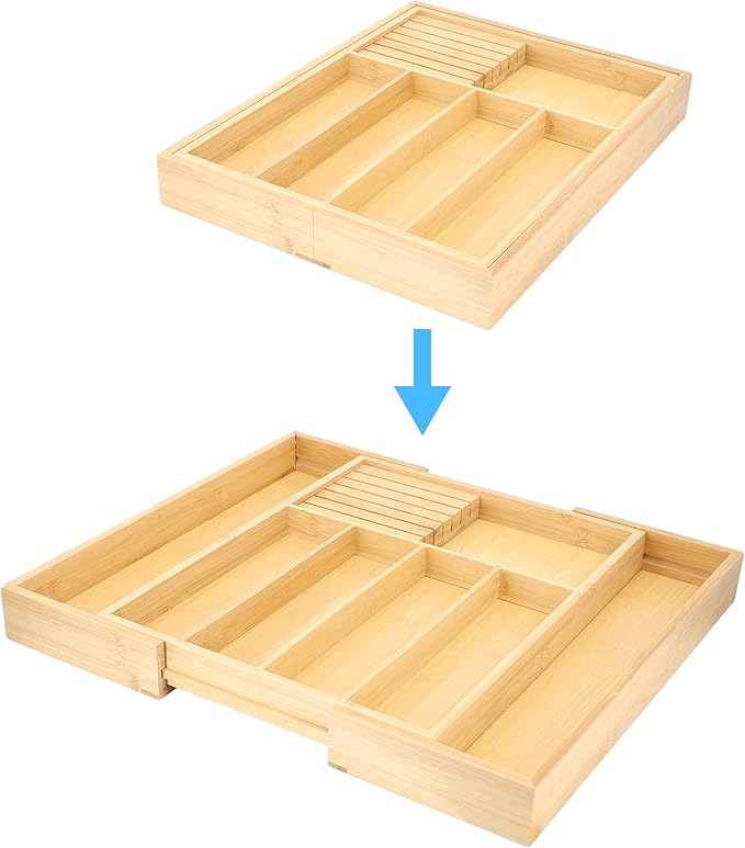 Elama Bamboo Wood Expandable Drawer Organizer Tray, Utensil Storage, Desk Drawer Storage (Expandable Tray)