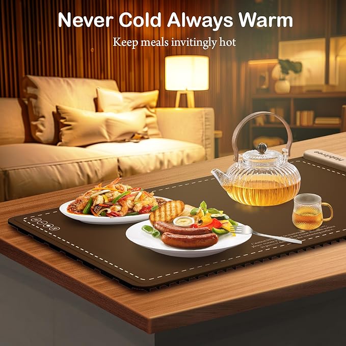 Warming Silicone Mat for Food - Day Gifts Kitchen Gadget, Graphene Rapid Heating, Warming Tray with 6-Level Temp Control, Rollable, Easy Clean - for Parties, Gatherings (Brown)