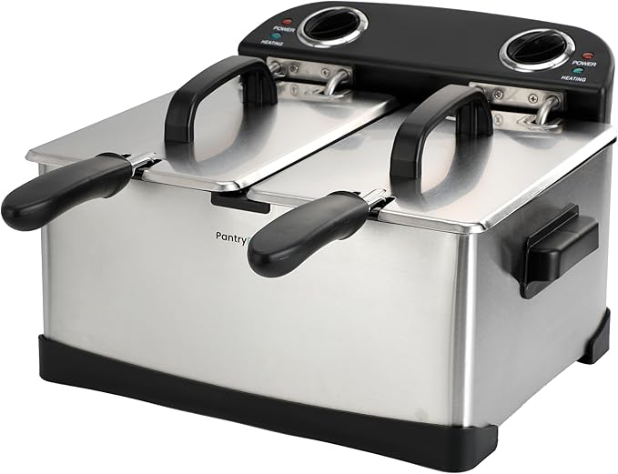 PantryPro 4 Liter / 4.2 Quart Stainless Steel Dual-Tank Electric Deep Fryer, 1800 W, Dual Temperature Control, 2 Baskets, Odor Filter